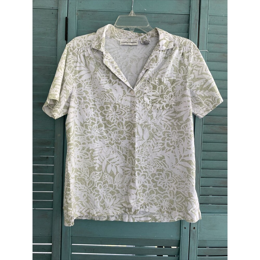 Cathy Daniels Women's Button Up Shirt ~ Sz S ~ Green & White ~ Short Sleeve